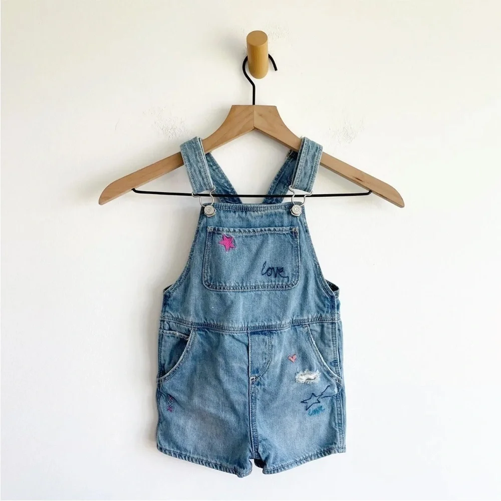 Baby Gap Distress Jean Denim Overalls Embroidered Stars and Hearts Size 4 Years